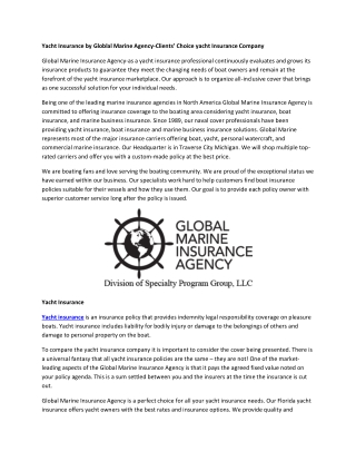 Yacht Insurance by Globlal Marine Agency-Clients’ Choice yacht Insurance Company