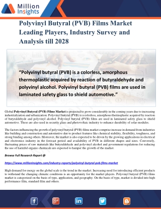 Polyvinyl Butyral (PVB) Films Market Leading Players, Industry Survey and Analysis till 2028