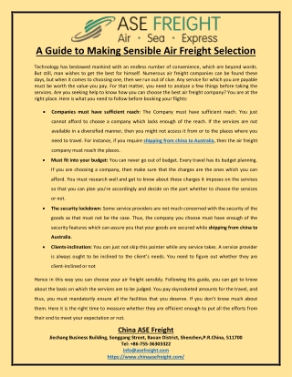 A Guide to Making Sensible Air Freight Selection