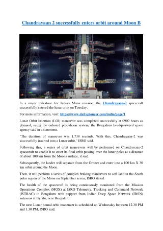 Chandrayaan 2 successfully enters orbit around Moon B