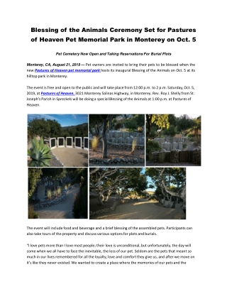 Blessing of the Animals Ceremony Set for Pastures of Heaven Pet Memorial Park in Monterey on Oct. 5
