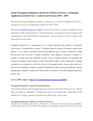 Transplant Diagnostics Market Upcoming Demand & Growth Analysis Up to 2030