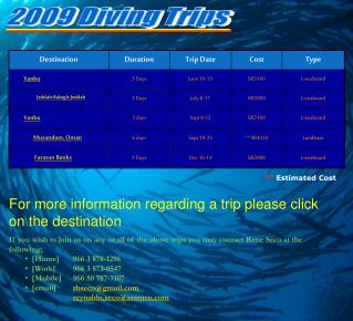 If you wish to join us on any or all of the above trips you may contact Rene Seco at the following; [Home] 	966 3 878-