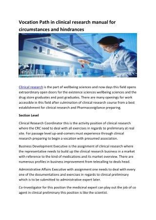 Vocation Path in clinical research manual for circumstances and hindrances