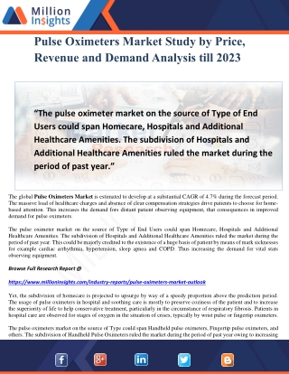 Pulse Oximeters Market Study by Price, Revenue and Demand Analysis till 2023