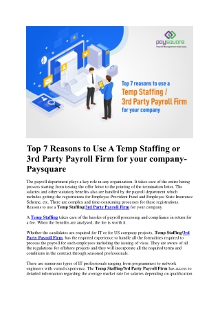 Top 7 Reasons to Use A Temp Staffing or 3rd Party Payroll Firm for your company-Paysquare