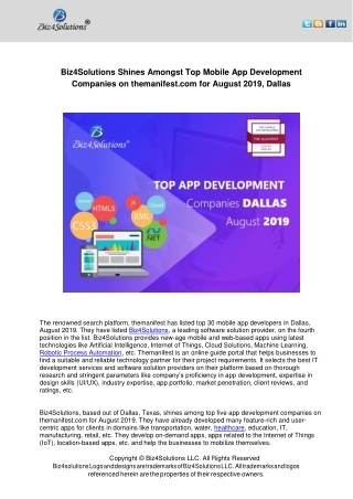 Biz4solutions Shines Amongst Top Mobile App Development Companies on themanifest.com