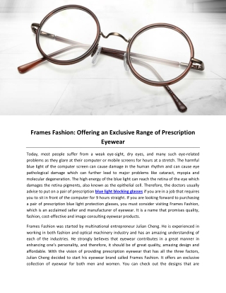 Frames Fashion: Offering an Exclusive Range of Prescription Eyewear