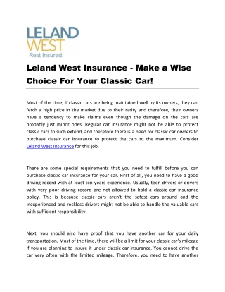 Leland West Insurance - Make a Wise Choice For Your Classic Car!