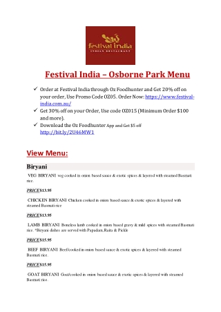 Festival India Menu – 15% OFF -Indian Restaurant Osborne Park, Stirling WA