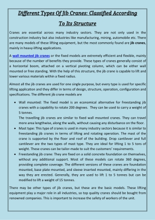 Different Types Of Jib Cranes - Classified According To Its Structure