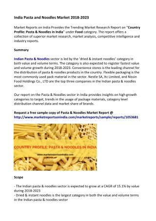 India Pasta and Noodles Market Research Report 2018-2023