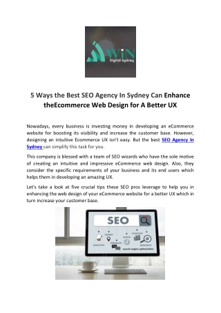 5 Ways the Best SEO Agency In Sydney Can Enhance theEcommerce Web Design for A Better UX