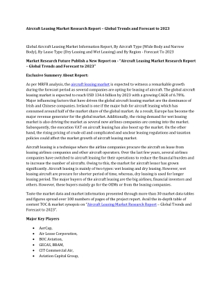Aircraft Leasing Market Research Report Information - Global Forecast to 2025