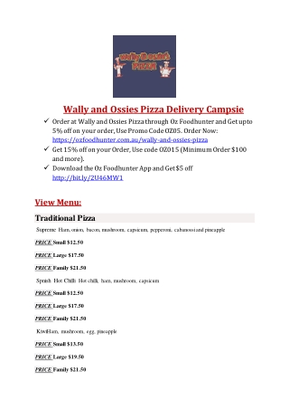 15% Off - Wally and Ossies Pizza-Campsie - Order Food Online