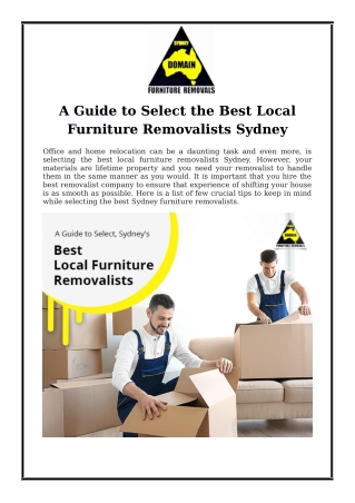 A Guide to Select the Best Local Furniture Removalists Sydney