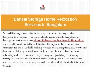 Bansal Storage Home Relocation Services in Bangalore