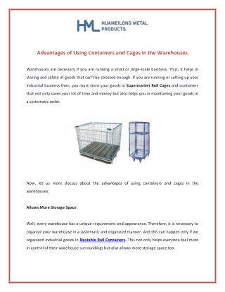 Advantages of Using Containers and Cages in the Warehouses