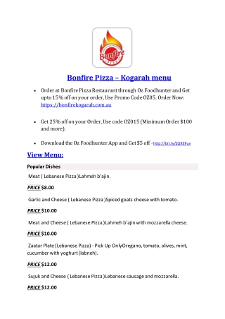 Bonfire Pizza Restaurant Kogarah Menu – 10% off