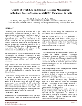 Quality of work life and Human resource Management in Business Process Management (BPM) Companies in India