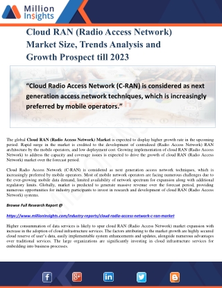 Cloud RAN (Radio Access Network) Market Size, Trends Analysis and Growth Prospect till 2023