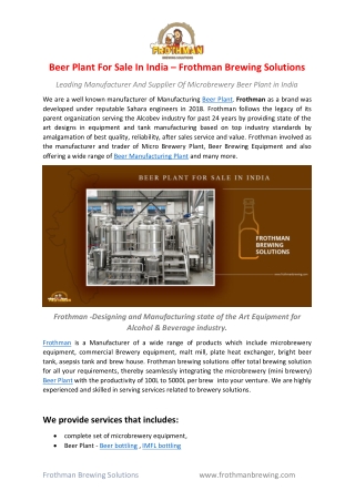 Beer Plant For Sale In India – Frothman Brewing Solutions