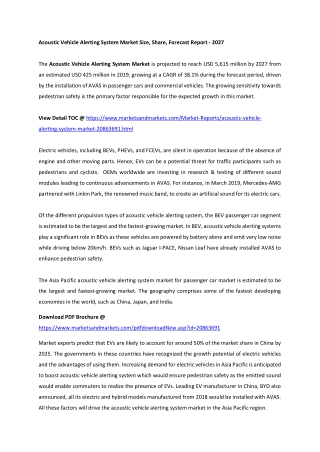 Acoustic Vehicle Alerting System Market Size, Share, Forecast Report - 2027