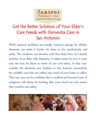 Get the Better Solution of Your Elder’s Care Needs with Dementia Care in San Antonio