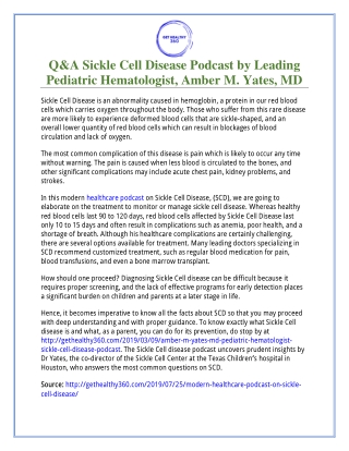 Q&A Sickle Cell Disease Podcast by Leading Pediatric Hematologist, Amber M. Yates, MD