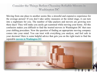 Consider the things before choosing reliable movers in washington dc