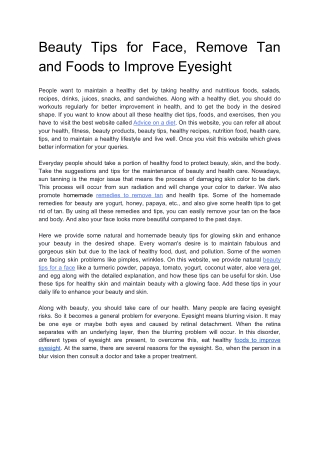 Beauty Tips for Face, Remove Tan and Foods to Improve Eyesight
