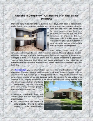 Reasons to Completely Trust Restore Utah Real Estate Investing