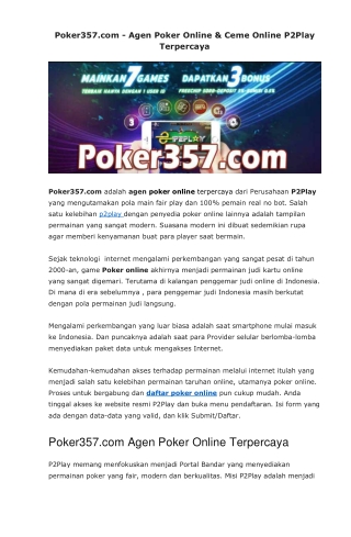 Poker357.com - Agen Poker Online & Ceme Online P2Play Terpercaya