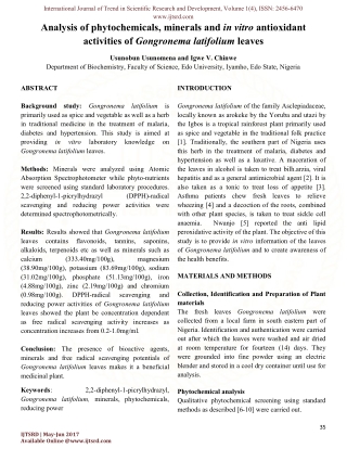 Analysis of phytochemicals, minerals and in vitro antioxidant activities of Gongronema latifolium leaves