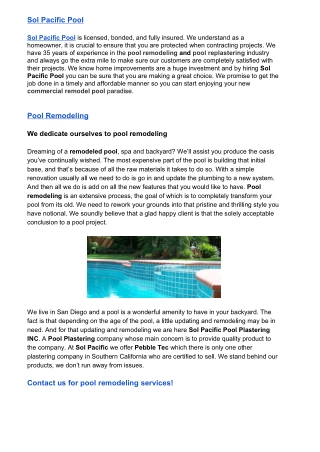 Pool Remodeling Services - Sol Pacific Pools Inc