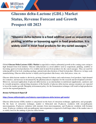 Glucono delta-Lactone (GDL) Market Status, Revenue Forecast and Growth Prospect till 2023