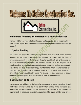 Need to hire expert Renovation in South Boston or Roofing in South Boston