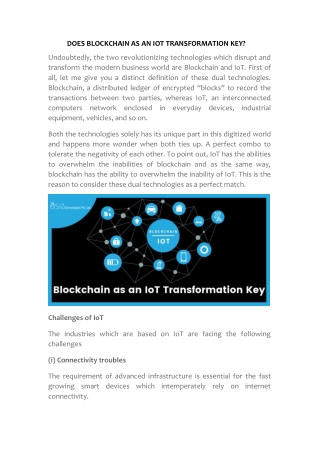 BLOCKCHAIN AS AN IOT TRANSFORMATION KEY