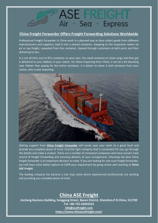 China Freight Forwarder Offers Freight Forwarding Solutions Worldwide