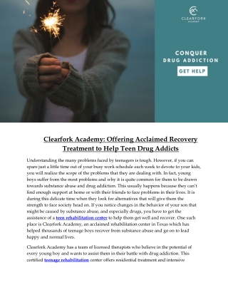 Clearfork Academy: Offering Acclaimed Recovery Treatment to Help Teen Drug Addicts