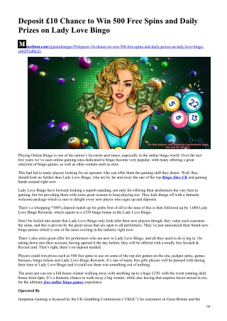 Deposit £10 Chance to Win 500 Free Spins and Daily Prizes on Lady Love Bingo