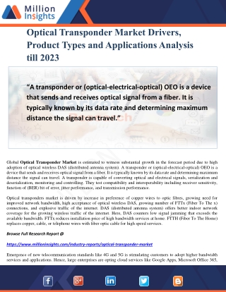 Optical Transponder Market Drivers, Product Types and Applications Analysis till 2023