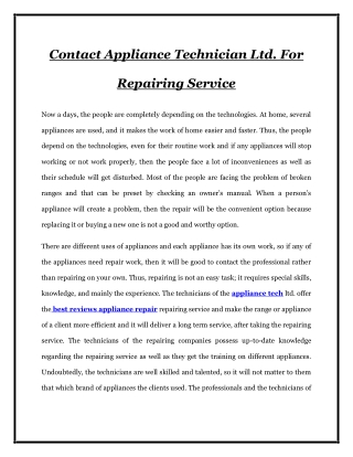 Contact Appliance Technician Ltd. For Repairing Service