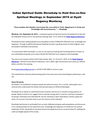 Indian Spiritual Guide Shreekalp to Hold One-on-One Spiritual Meetings in September 2019 at Hyatt Regency Monterey