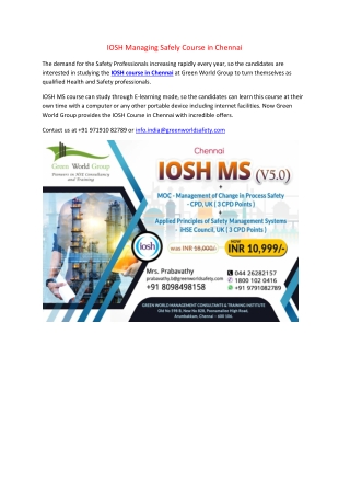 Join IOSH Managing Safely Course in Chennai