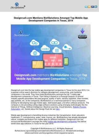 Designrush.com Mentions Biz4Solutions Amongst Top Mobile App Development Companies in Texas, 2019