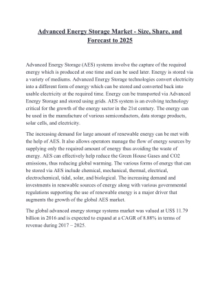 Advanced Energy Storage Market - Size, Share, and Forecast to 2025