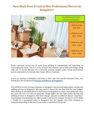 How Much Does It Cost to Hire Professional Movers in Bangalore?