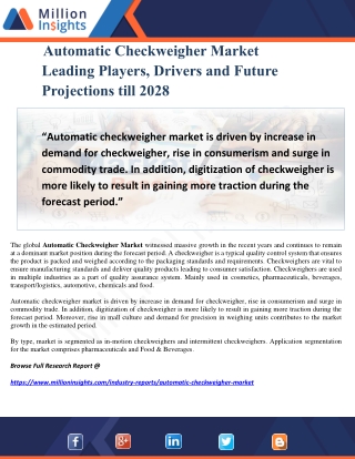 Automatic Checkweigher Market Leading Players, Drivers and Future Projections till 2028