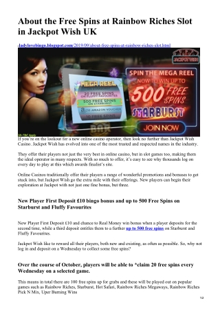 About the Free Spins at Rainbow Riches Slot in Jackpot Wish UK